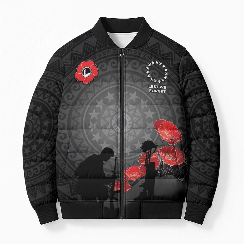 Cook Islands ANZAC Day Bomber Puffer Jacket Soldier Silhouette Remembrance LT05 Unisex Black - Polynesian Pride