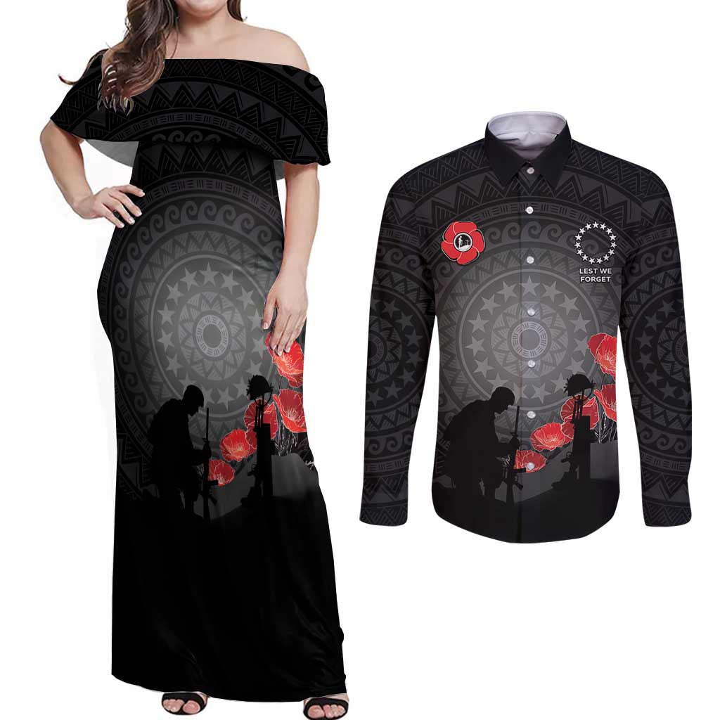Cook Islands ANZAC Day Couples Matching Off Shoulder Maxi Dress and Long Sleeve Button Shirt Soldier Silhouette Remembrance