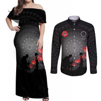 Cook Islands ANZAC Day Couples Matching Off Shoulder Maxi Dress and Long Sleeve Button Shirt Soldier Silhouette Remembrance