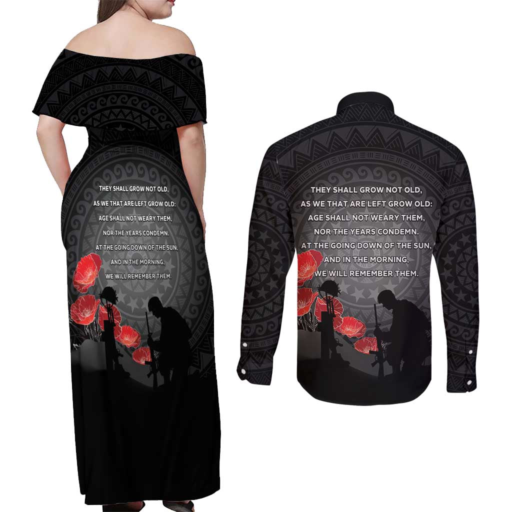 Cook Islands ANZAC Day Couples Matching Off Shoulder Maxi Dress and Long Sleeve Button Shirt Soldier Silhouette Remembrance