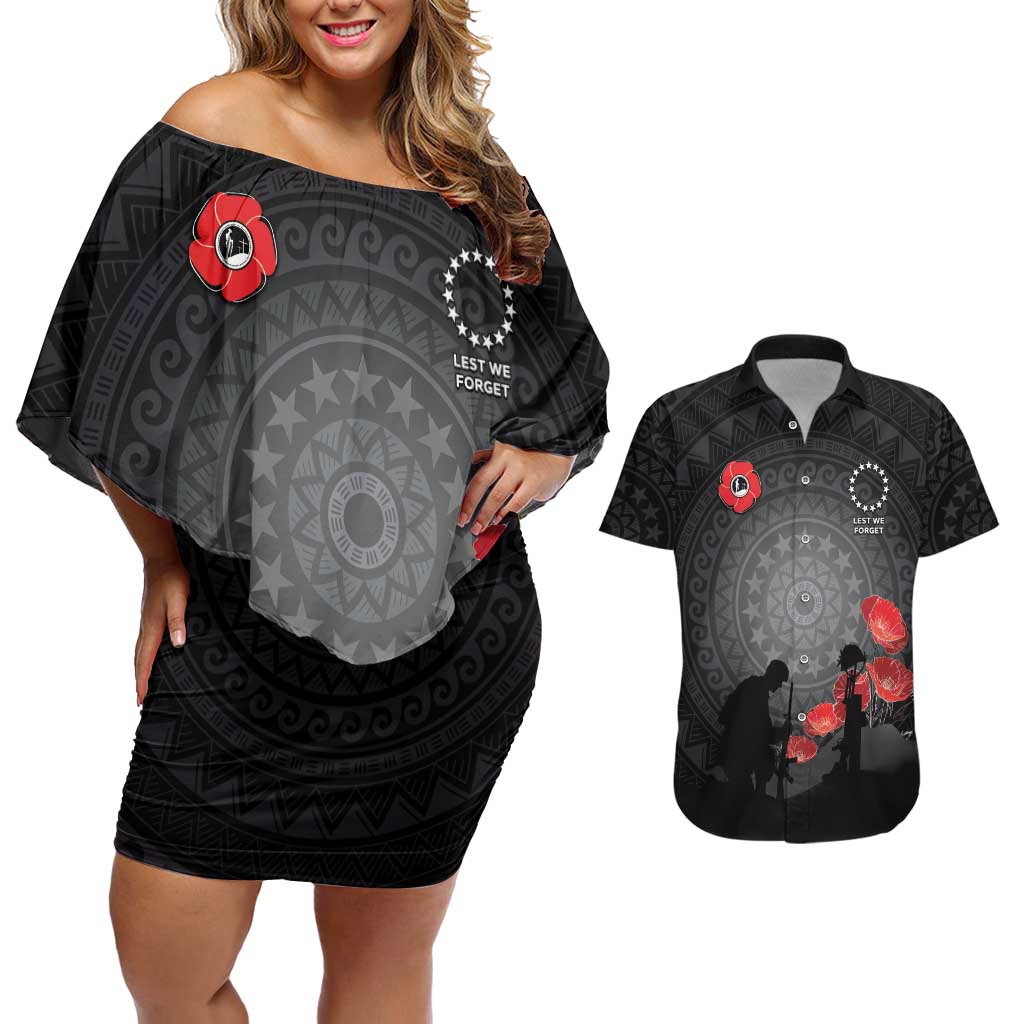 Cook Islands ANZAC Day Couples Matching Off Shoulder Short Dress and Hawaiian Shirt Soldier Silhouette Remembrance LT05 Black - Polynesian Pride
