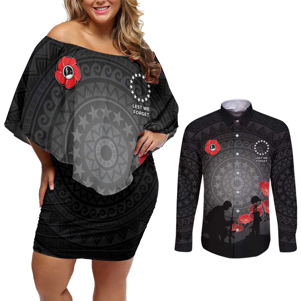 Cook Islands ANZAC Day Couples Matching Off Shoulder Short Dress and Long Sleeve Button Shirt Soldier Silhouette Remembrance LT05 Black - Polynesian Pride