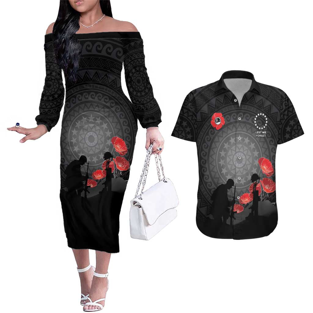 Cook Islands ANZAC Day Couples Matching Off The Shoulder Long Sleeve Dress and Hawaiian Shirt Soldier Silhouette Remembrance LT05 Black - Polynesian Pride