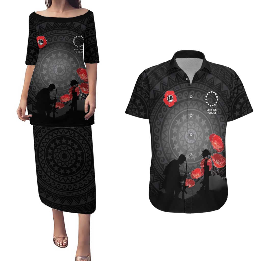Cook Islands ANZAC Day Couples Matching Puletasi and Hawaiian Shirt Soldier Silhouette Remembrance LT05 Black - Polynesian Pride