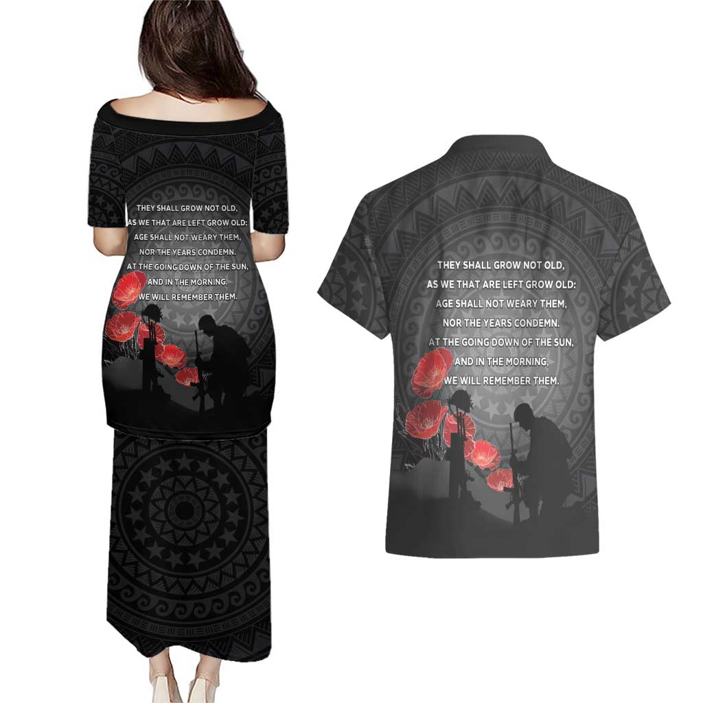 Cook Islands ANZAC Day Couples Matching Puletasi and Hawaiian Shirt Soldier Silhouette Remembrance LT05 - Polynesian Pride