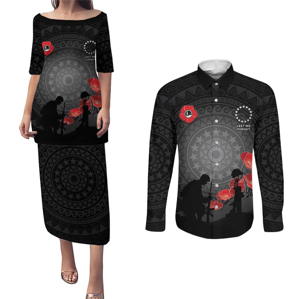 Cook Islands ANZAC Day Couples Matching Puletasi and Long Sleeve Button Shirt Soldier Silhouette Remembrance LT05 Black - Polynesian Pride