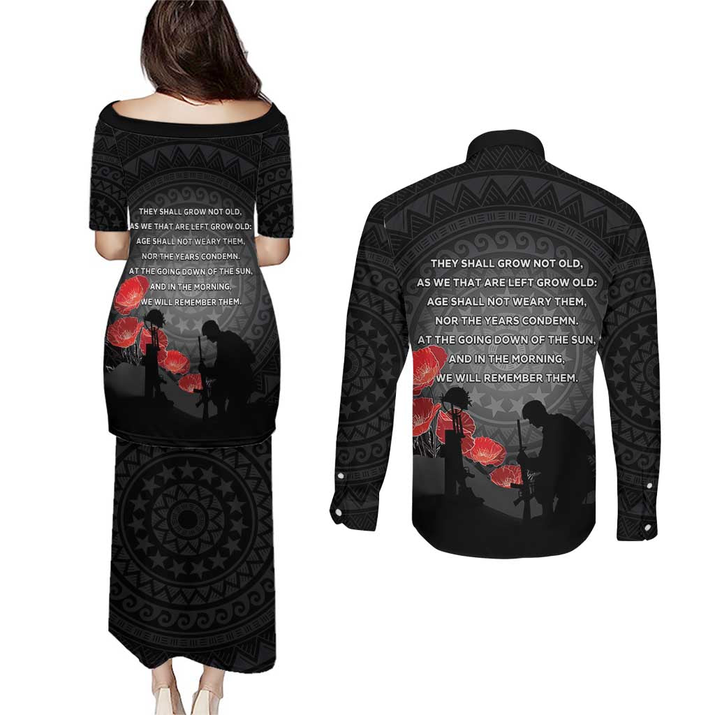 Cook Islands ANZAC Day Couples Matching Puletasi and Long Sleeve Button Shirt Soldier Silhouette Remembrance LT05 - Polynesian Pride