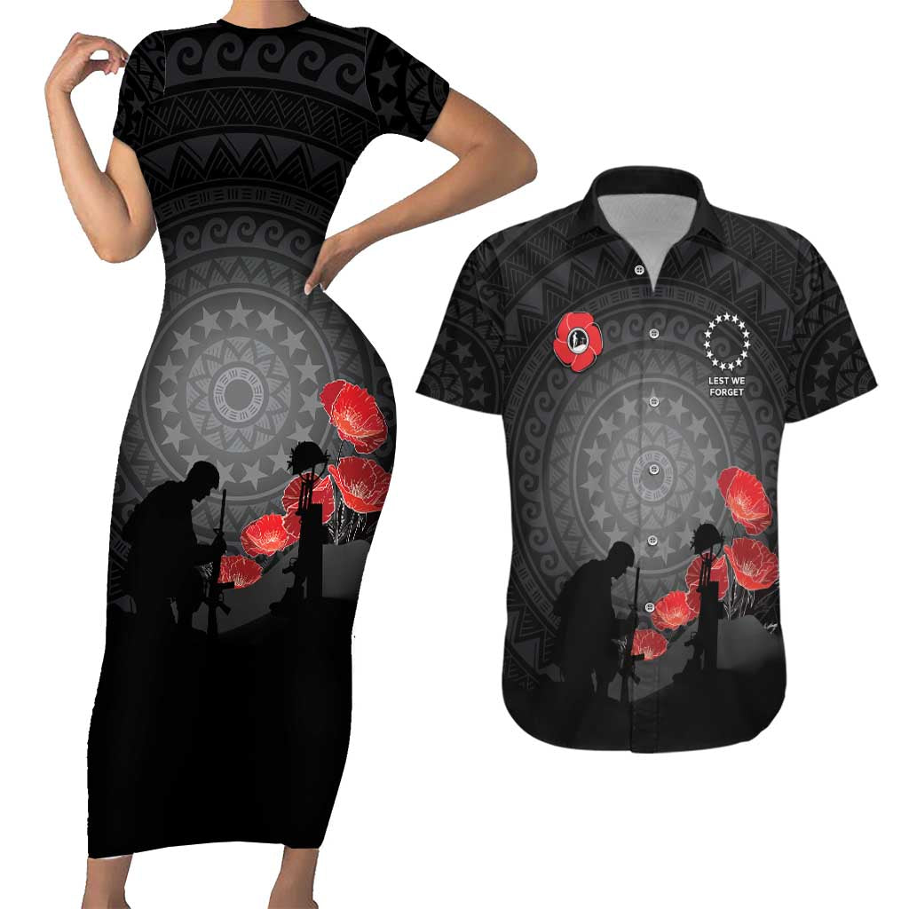 Cook Islands ANZAC Day Couples Matching Short Sleeve Bodycon Dress and Hawaiian Shirt Soldier Silhouette Remembrance LT05 Black - Polynesian Pride