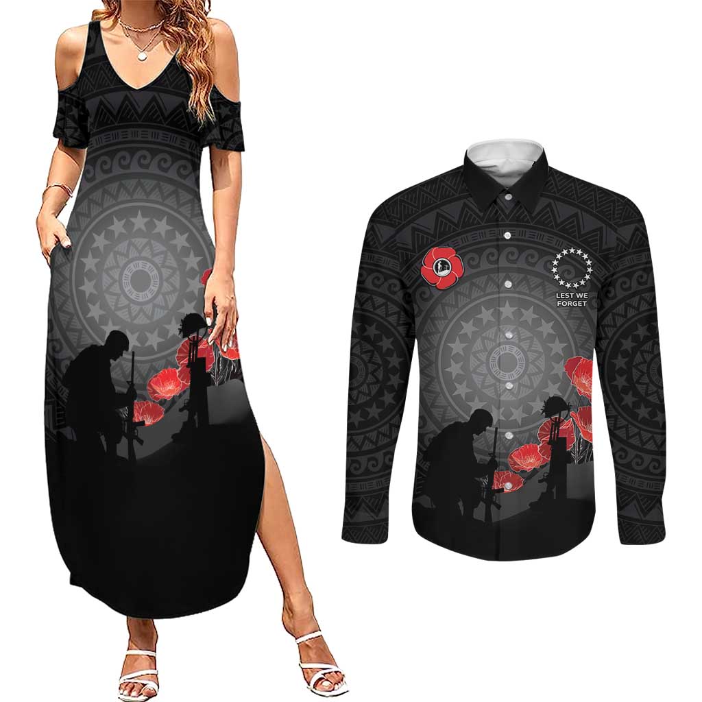 Cook Islands ANZAC Day Couples Matching Summer Maxi Dress and Long Sleeve Button Shirt Soldier Silhouette Remembrance LT05 Black - Polynesian Pride