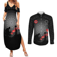 Cook Islands ANZAC Day Couples Matching Summer Maxi Dress and Long Sleeve Button Shirt Soldier Silhouette Remembrance LT05 Black - Polynesian Pride