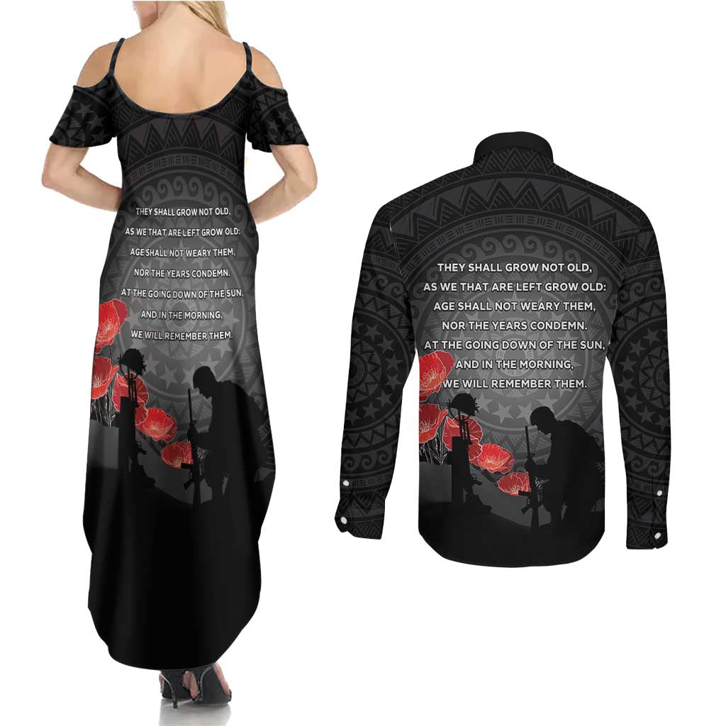 Cook Islands ANZAC Day Couples Matching Summer Maxi Dress and Long Sleeve Button Shirt Soldier Silhouette Remembrance LT05 - Polynesian Pride