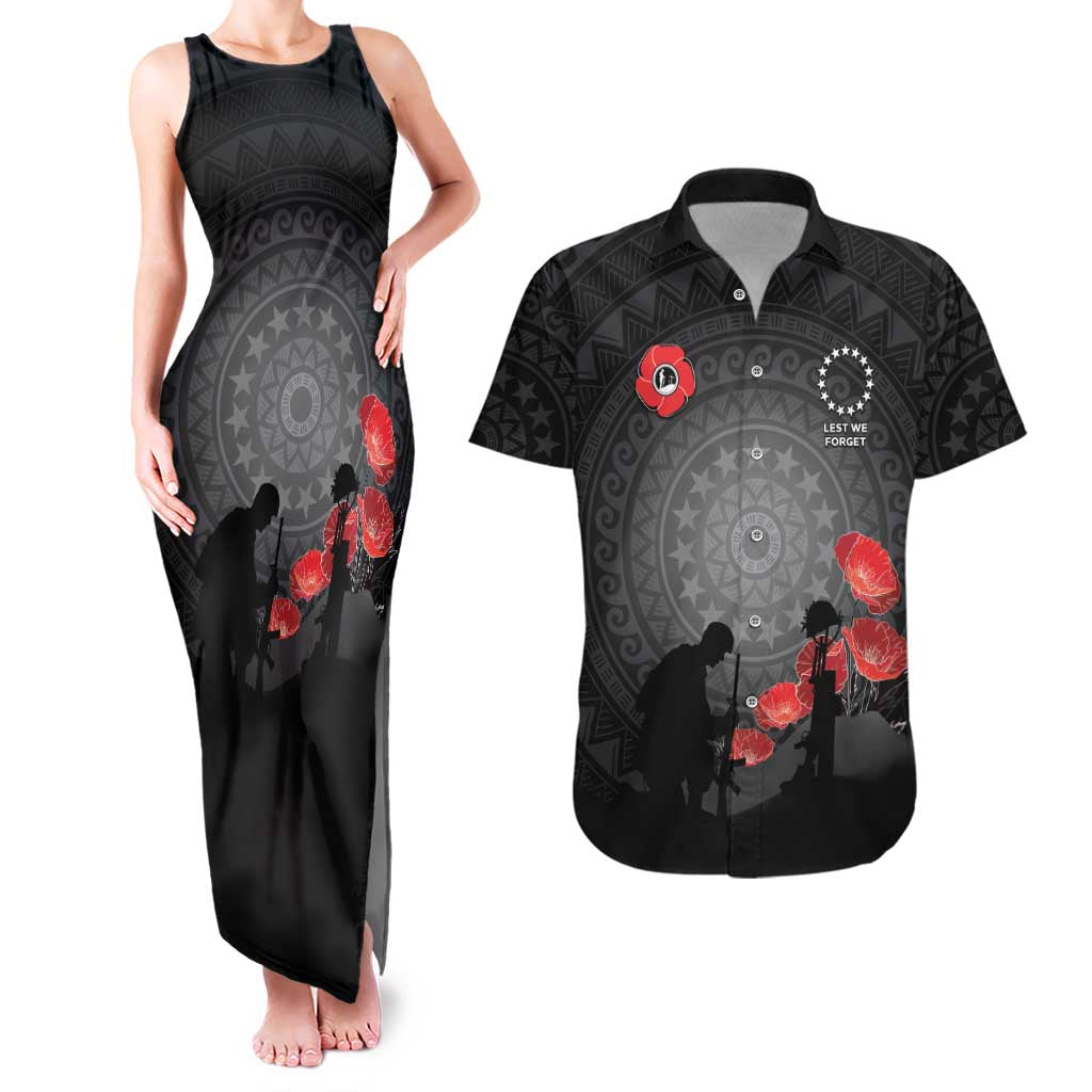 Cook Islands ANZAC Day Couples Matching Tank Maxi Dress and Hawaiian Shirt Soldier Silhouette Remembrance LT05 Black - Polynesian Pride
