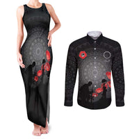 Cook Islands ANZAC Day Couples Matching Tank Maxi Dress and Long Sleeve Button Shirt Soldier Silhouette Remembrance LT05 Black - Polynesian Pride