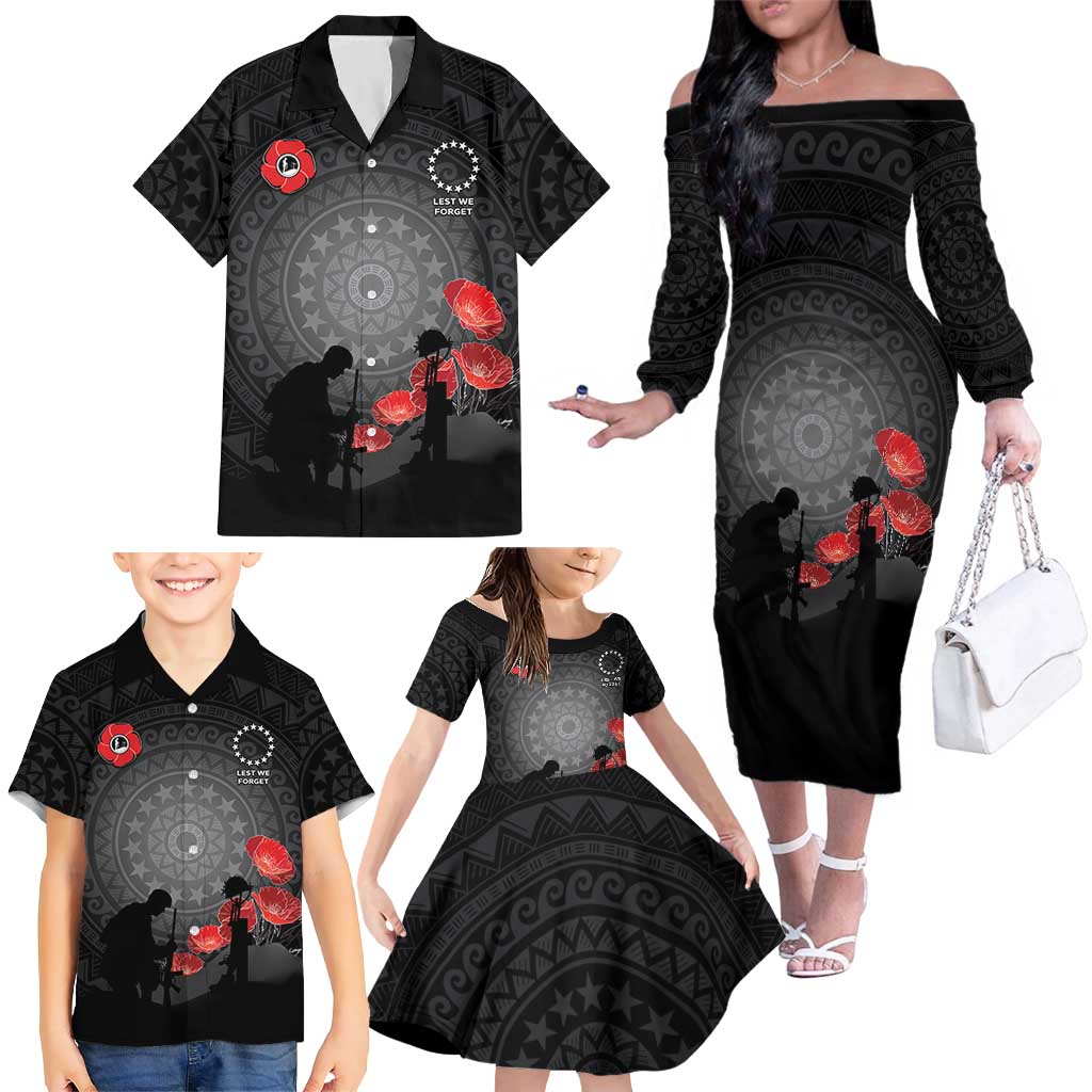 Cook Islands ANZAC Day Family Matching Off The Shoulder Long Sleeve Dress and Hawaiian Shirt Soldier Silhouette Remembrance LT05 - Polynesian Pride