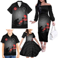 Cook Islands ANZAC Day Family Matching Off The Shoulder Long Sleeve Dress and Hawaiian Shirt Soldier Silhouette Remembrance
