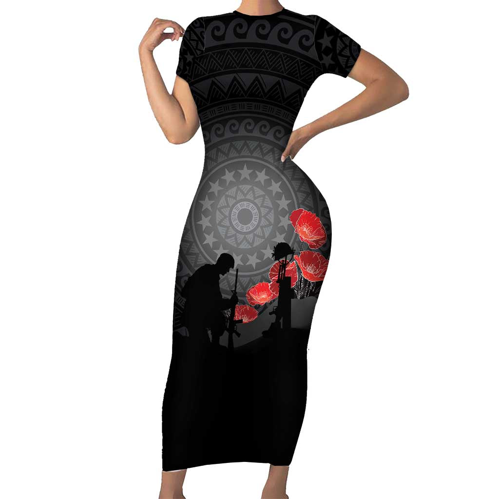 Cook Islands ANZAC Day Family Matching Short Sleeve Bodycon Dress and Hawaiian Shirt Soldier Silhouette Remembrance