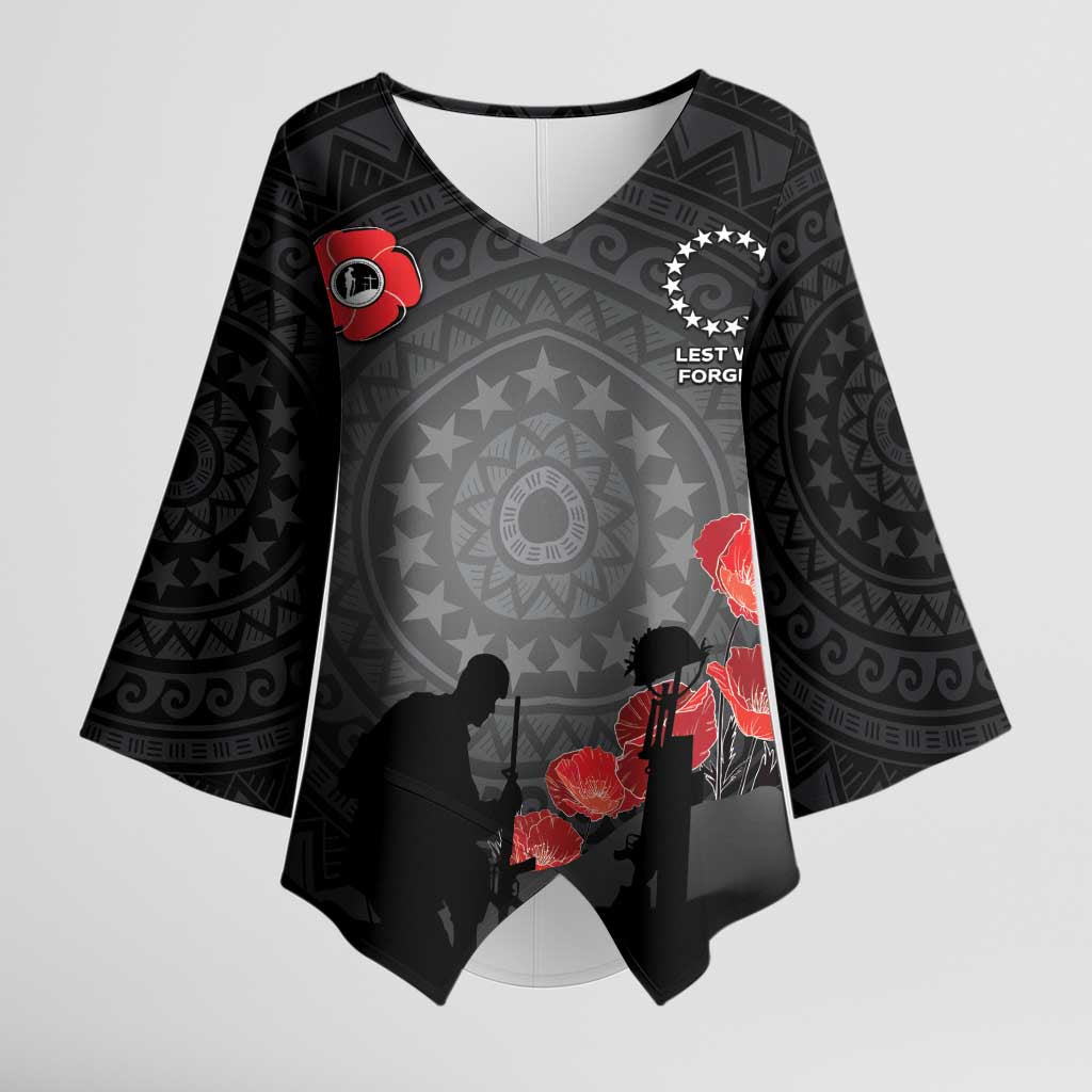Cook Islands ANZAC Day Kimono Sleeve Blouse Soldier Silhouette Remembrance LT05 Female Black - Polynesian Pride