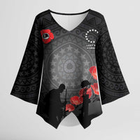 Cook Islands ANZAC Day Kimono Sleeve Blouse Soldier Silhouette Remembrance LT05 Female Black - Polynesian Pride