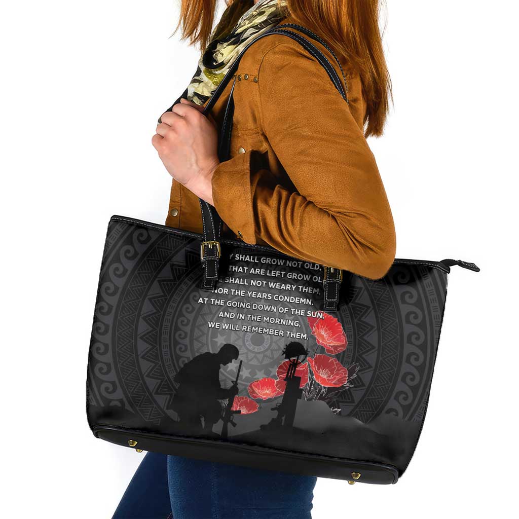 Cook Islands ANZAC Day Leather Tote Bag Soldier Silhouette Remembrance LT05 Black - Polynesian Pride