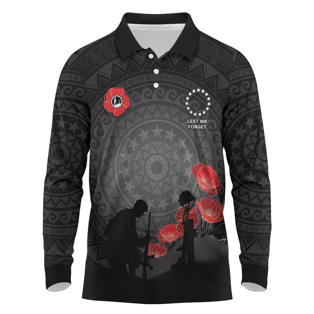 Cook Islands ANZAC Day Long Sleeve Polo Shirt Soldier Silhouette Remembrance LT05 Black - Polynesian Pride