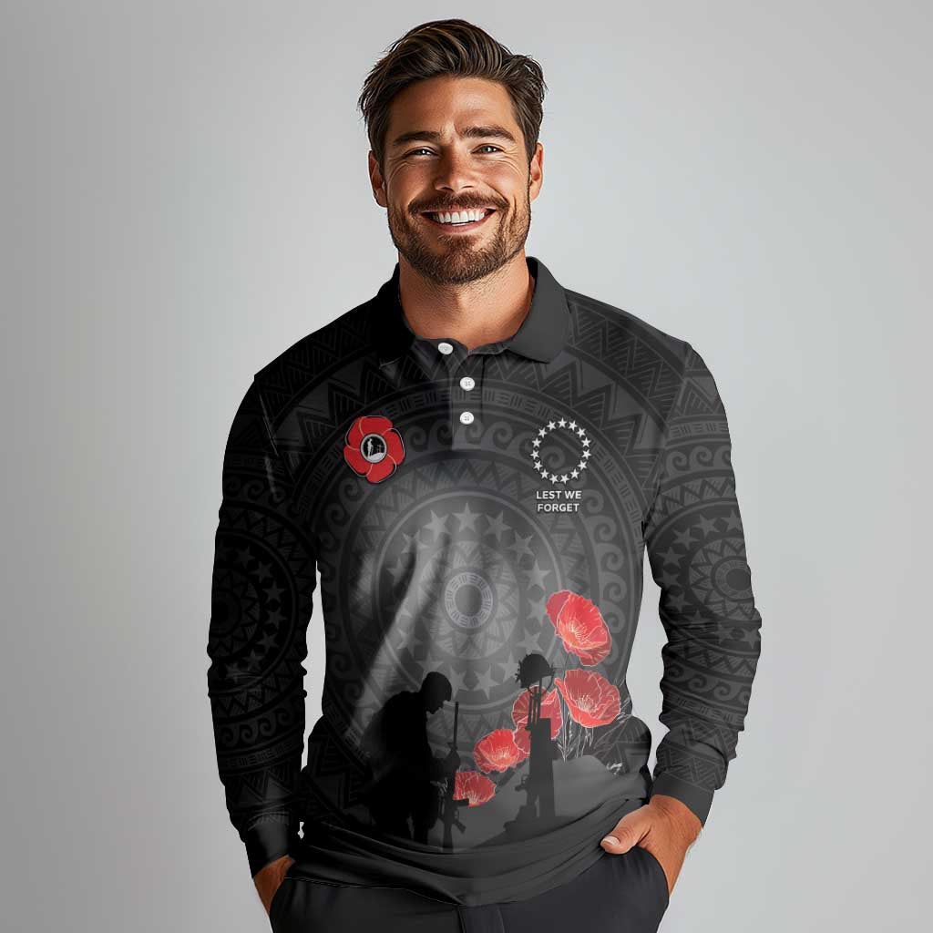 Cook Islands ANZAC Day Long Sleeve Polo Shirt Soldier Silhouette Remembrance LT05 - Polynesian Pride