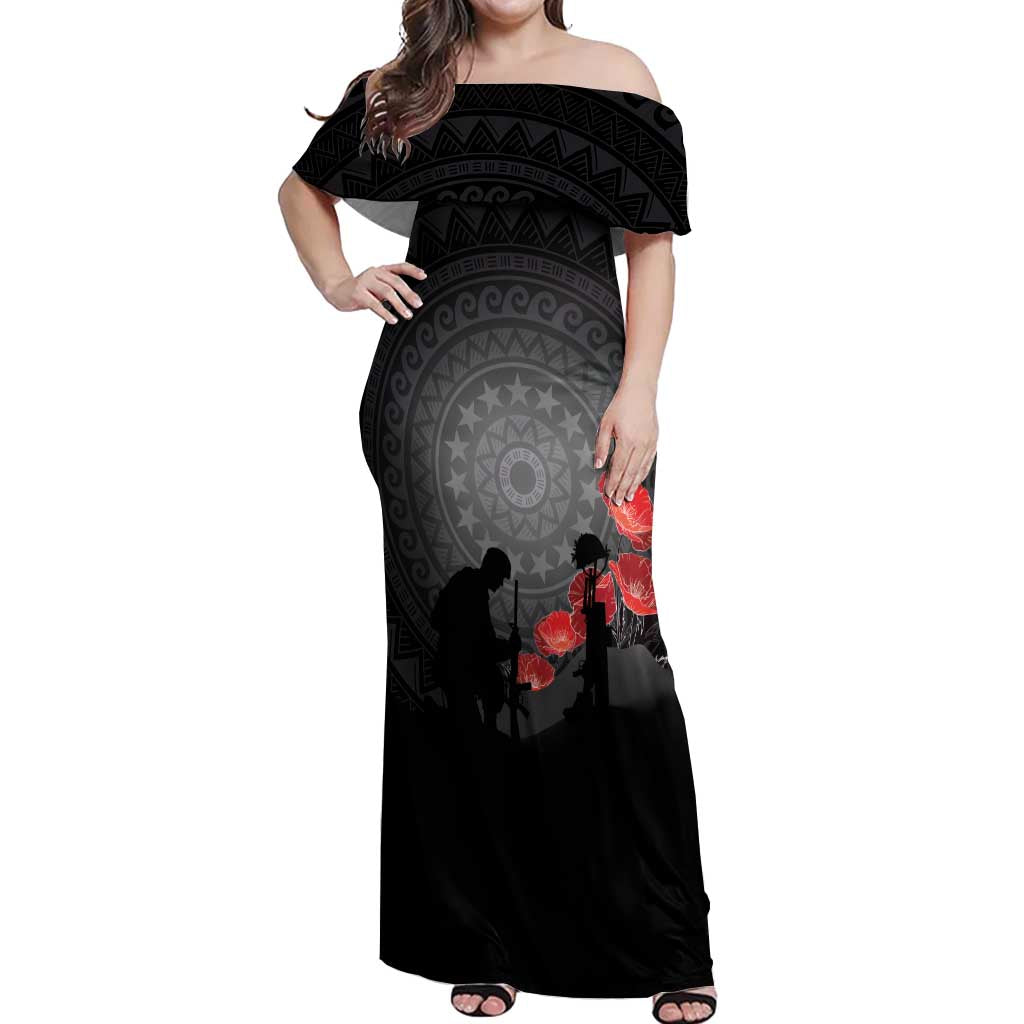Cook Islands ANZAC Day Off Shoulder Maxi Dress Soldier Silhouette Remembrance LT05 Women Black - Polynesian Pride