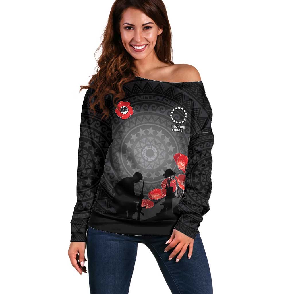 Cook Islands ANZAC Day Off Shoulder Sweater Soldier Silhouette Remembrance LT05 Women Black - Polynesian Pride