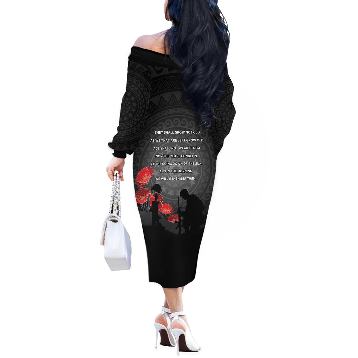 Cook Islands ANZAC Day Off The Shoulder Long Sleeve Dress Soldier Silhouette Remembrance LT05 - Polynesian Pride