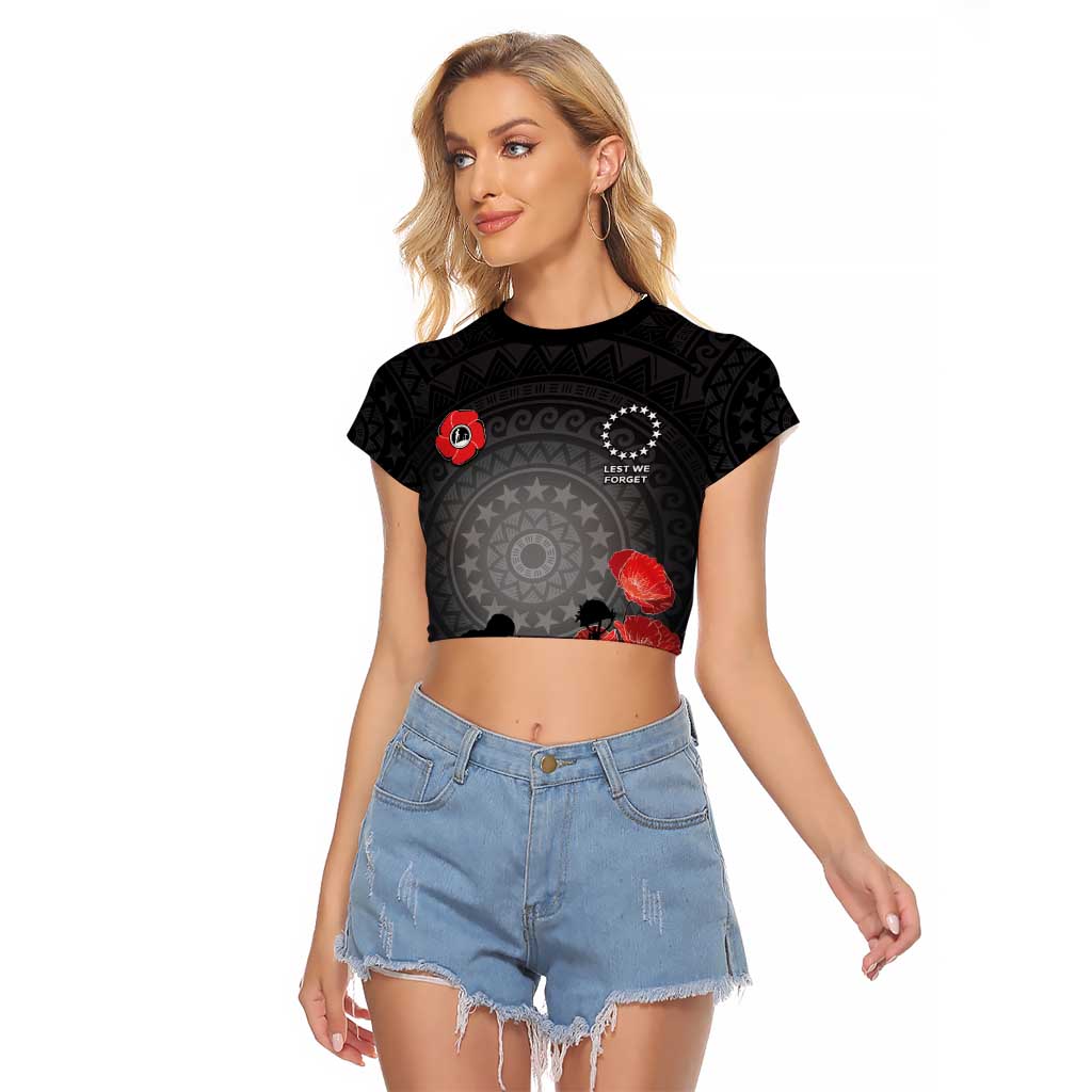 Cook Islands ANZAC Day Raglan Cropped T Shirt Soldier Silhouette Remembrance LT05 Female Black - Polynesian Pride