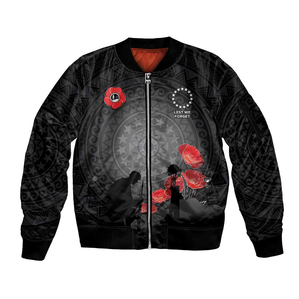 Cook Islands ANZAC Day Sleeve Zip Bomber Jacket Soldier Silhouette Remembrance LT05 Unisex Black - Polynesian Pride