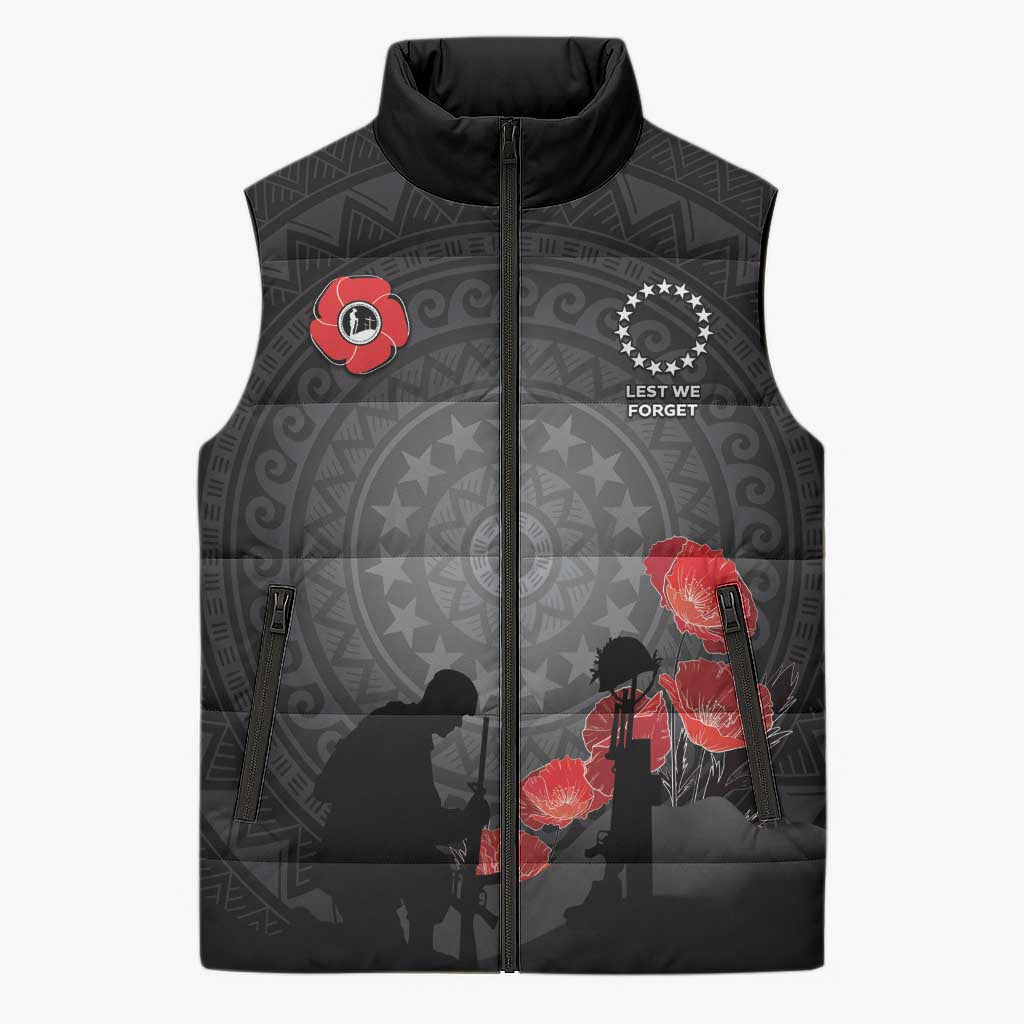 Cook Islands ANZAC Day Sleeveless Puffer Jacket Soldier Silhouette Remembrance LT05 Unisex Black - Polynesian Pride