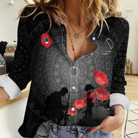 Cook Islands ANZAC Day Women Casual Shirt Soldier Silhouette Remembrance LT05 Female Black - Polynesian Pride