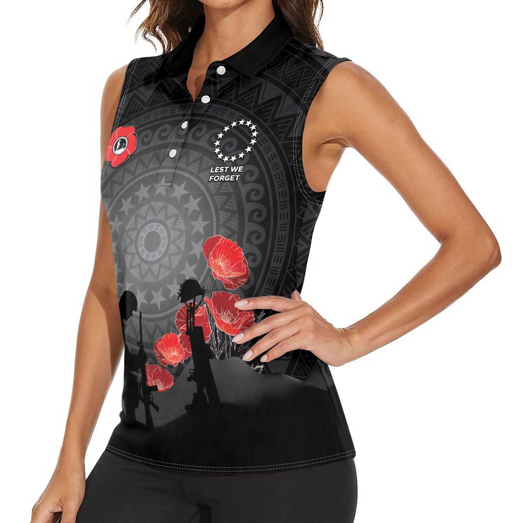 Cook Islands ANZAC Day Women Sleeveless Polo Shirt Soldier Silhouette Remembrance LT05 - Polynesian Pride