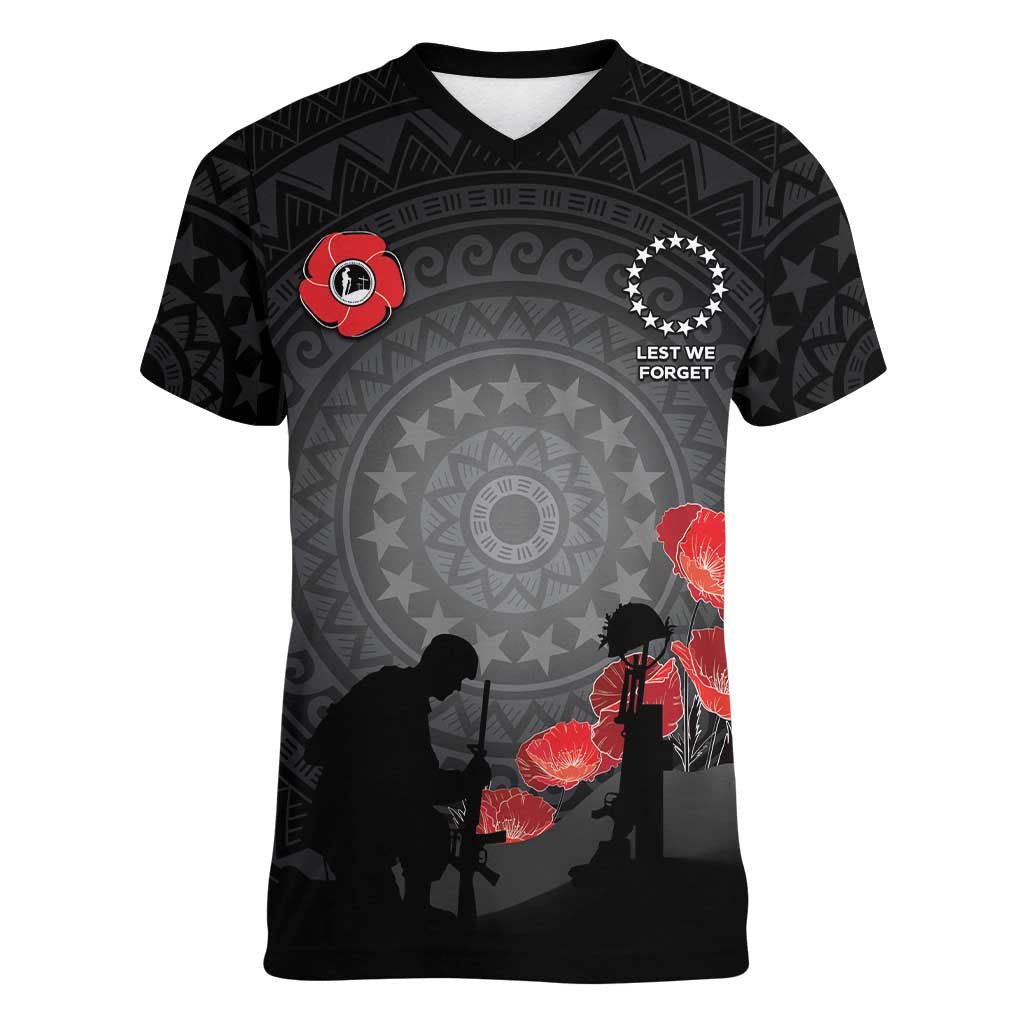 Cook Islands ANZAC Day Women V-Neck T-Shirt Soldier Silhouette Remembrance LT05 Female Black - Polynesian Pride