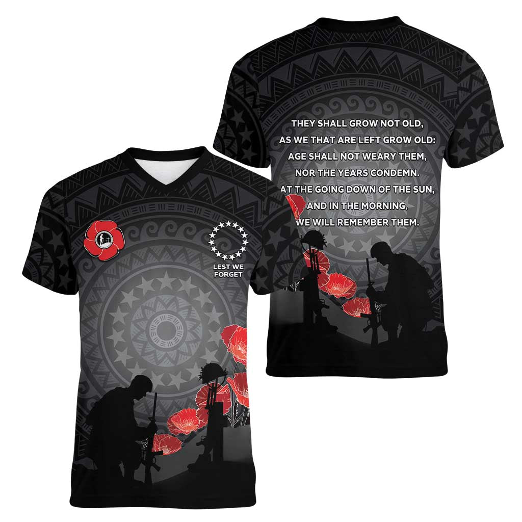Cook Islands ANZAC Day Women V-Neck T-Shirt Soldier Silhouette Remembrance LT05 - Polynesian Pride