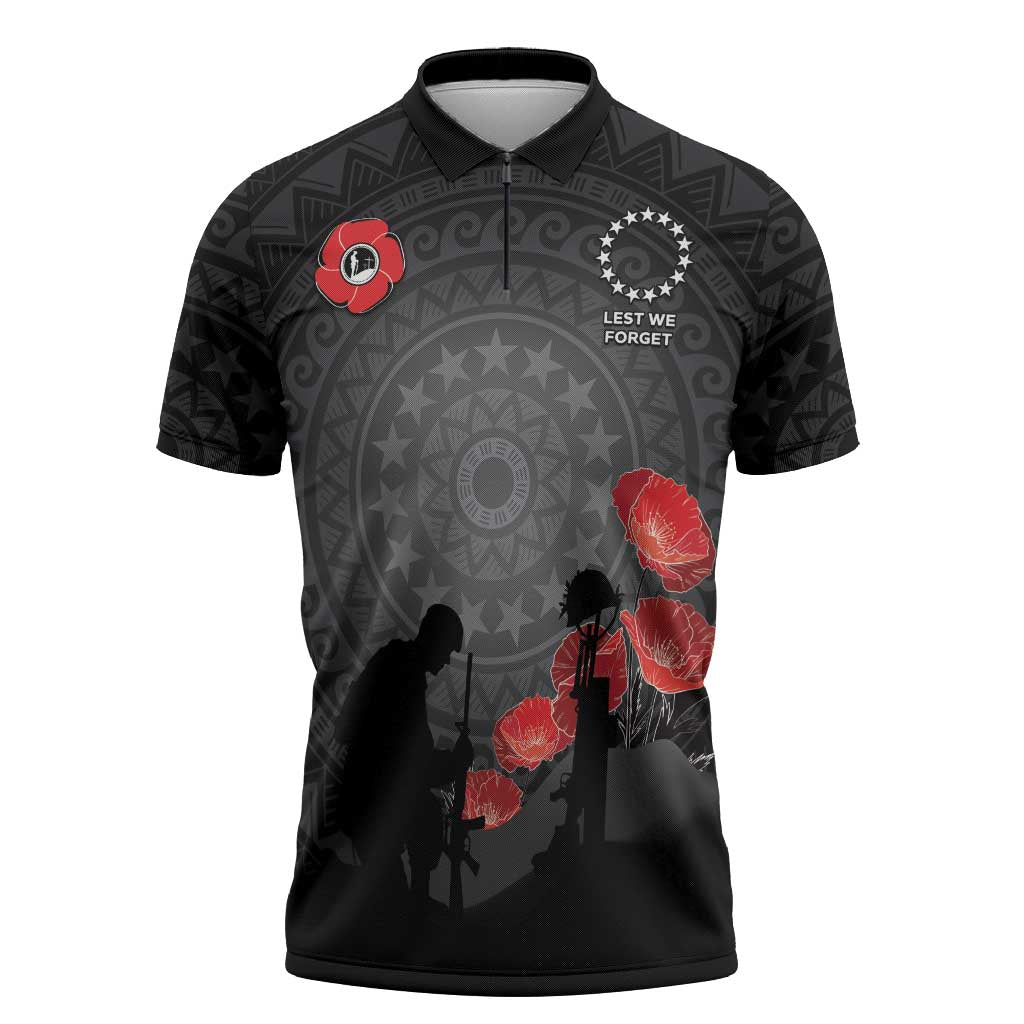 Cook Islands ANZAC Day Zipper Polo Shirt Soldier Silhouette Remembrance
