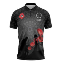 Cook Islands ANZAC Day Zipper Polo Shirt Soldier Silhouette Remembrance