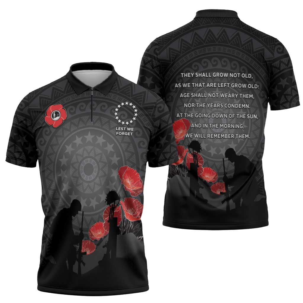Cook Islands ANZAC Day Zipper Polo Shirt Soldier Silhouette Remembrance