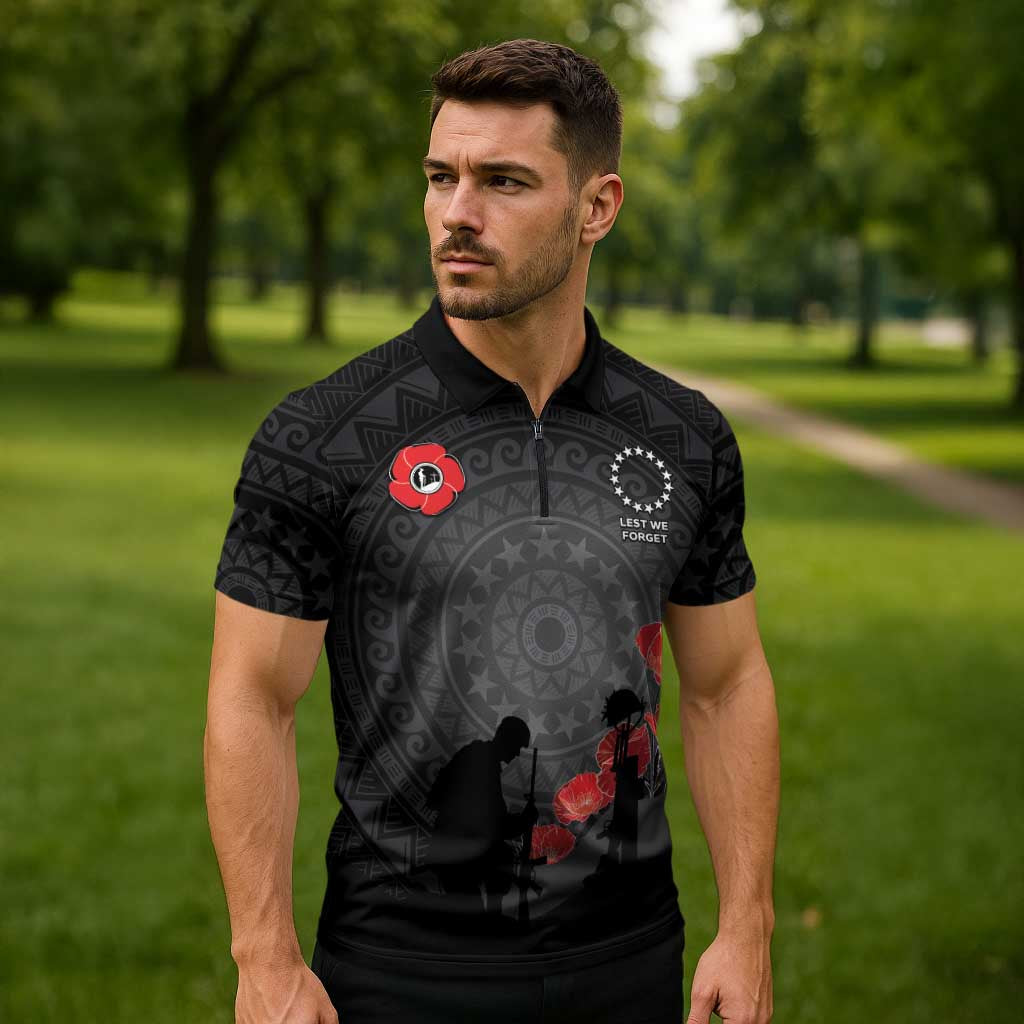 Cook Islands ANZAC Day Zipper Polo Shirt Soldier Silhouette Remembrance
