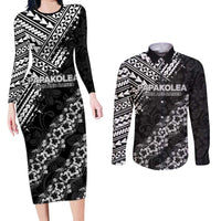 Hawaii Papakolea Born And Raised Couples Matching Long Sleeve Bodycon Dress and Long Sleeve Button Shirt Hawaiian Tribal Pattern LT05 Black - Polynesian Pride