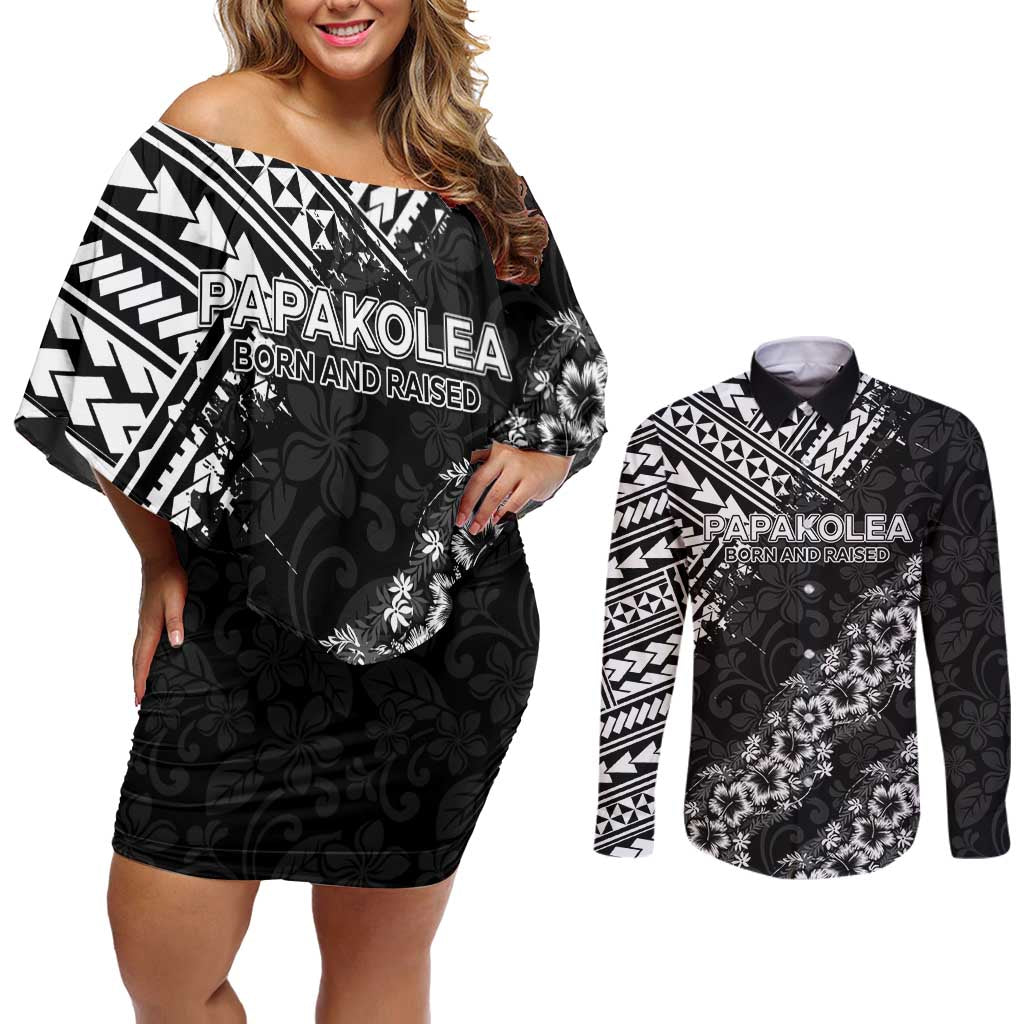 Hawaii Papakolea Born And Raised Couples Matching Off Shoulder Short Dress and Long Sleeve Button Shirt Hawaiian Tribal Pattern LT05 Black - Polynesian Pride