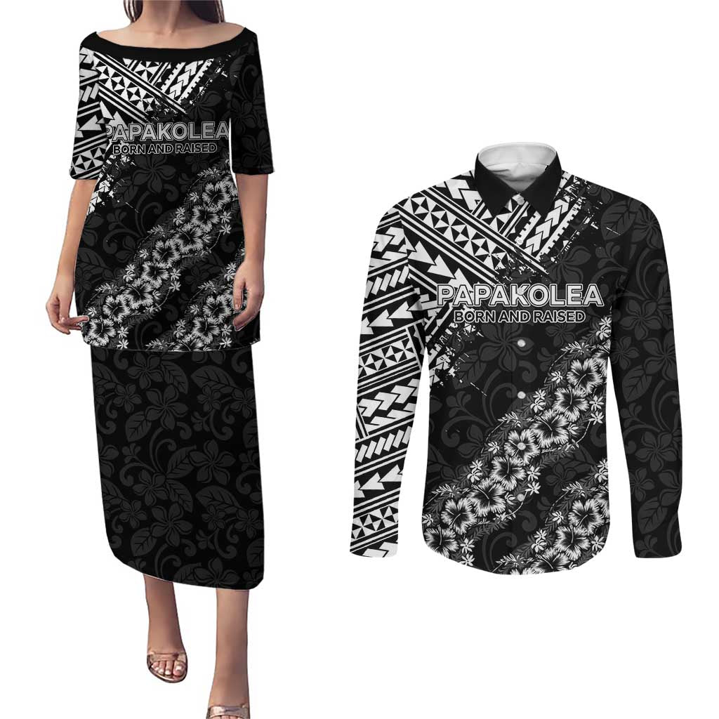 Hawaii Papakolea Born And Raised Couples Matching Puletasi and Long Sleeve Button Shirt Hawaiian Tribal Pattern LT05 Black - Polynesian Pride