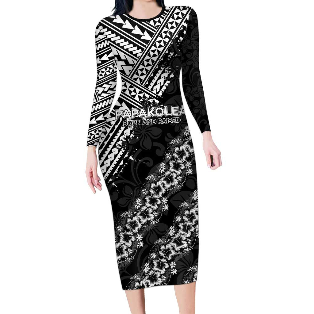 Hawaii Papakolea Born And Raised Long Sleeve Bodycon Dress Hawaiian Tribal Pattern LT05 Long Dress Black - Polynesian Pride