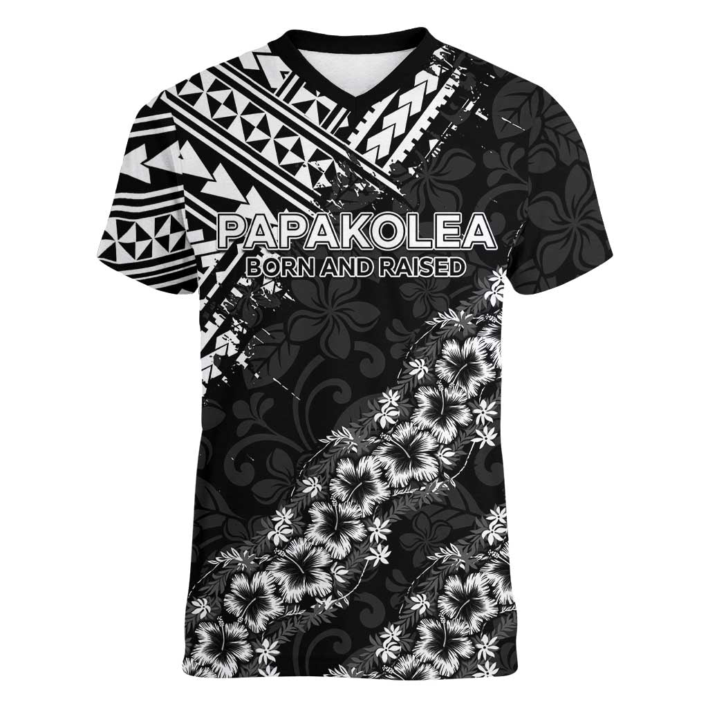 Hawaii Papakolea Born And Raised Women V-Neck T-Shirt Hawaiian Tribal Pattern LT05 Female Black - Polynesian Pride