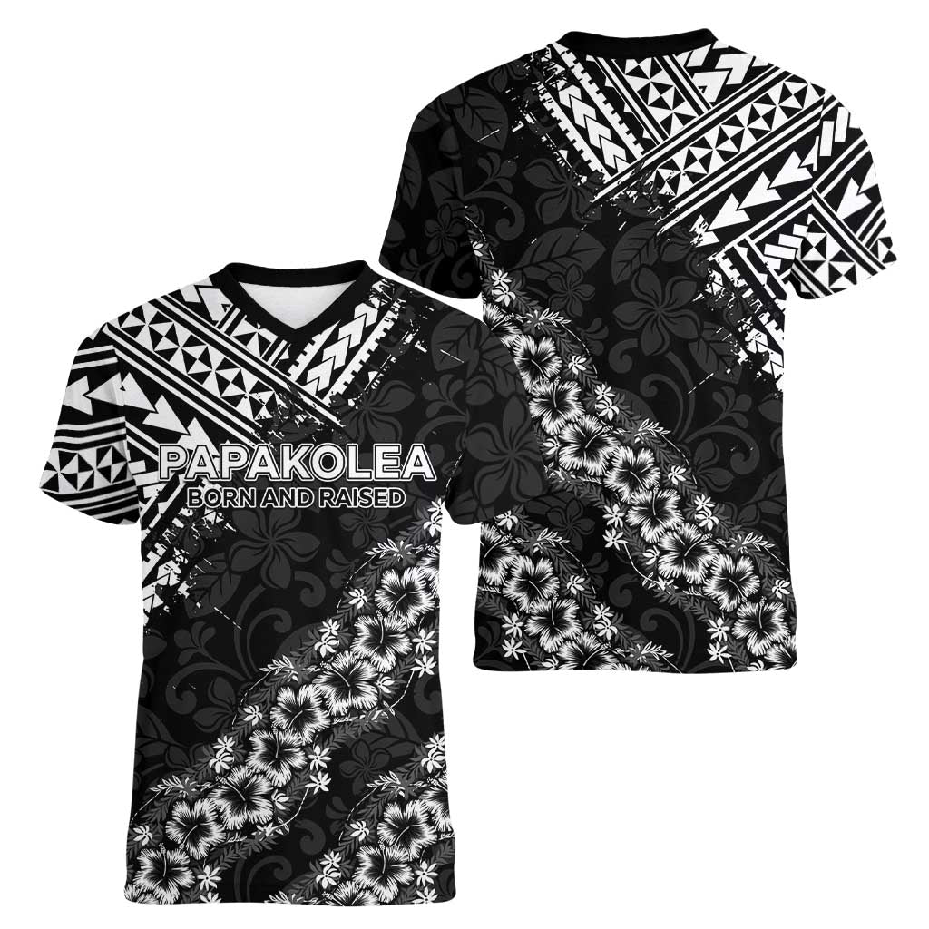 Hawaii Papakolea Born And Raised Women V-Neck T-Shirt Hawaiian Tribal Pattern LT05 - Polynesian Pride