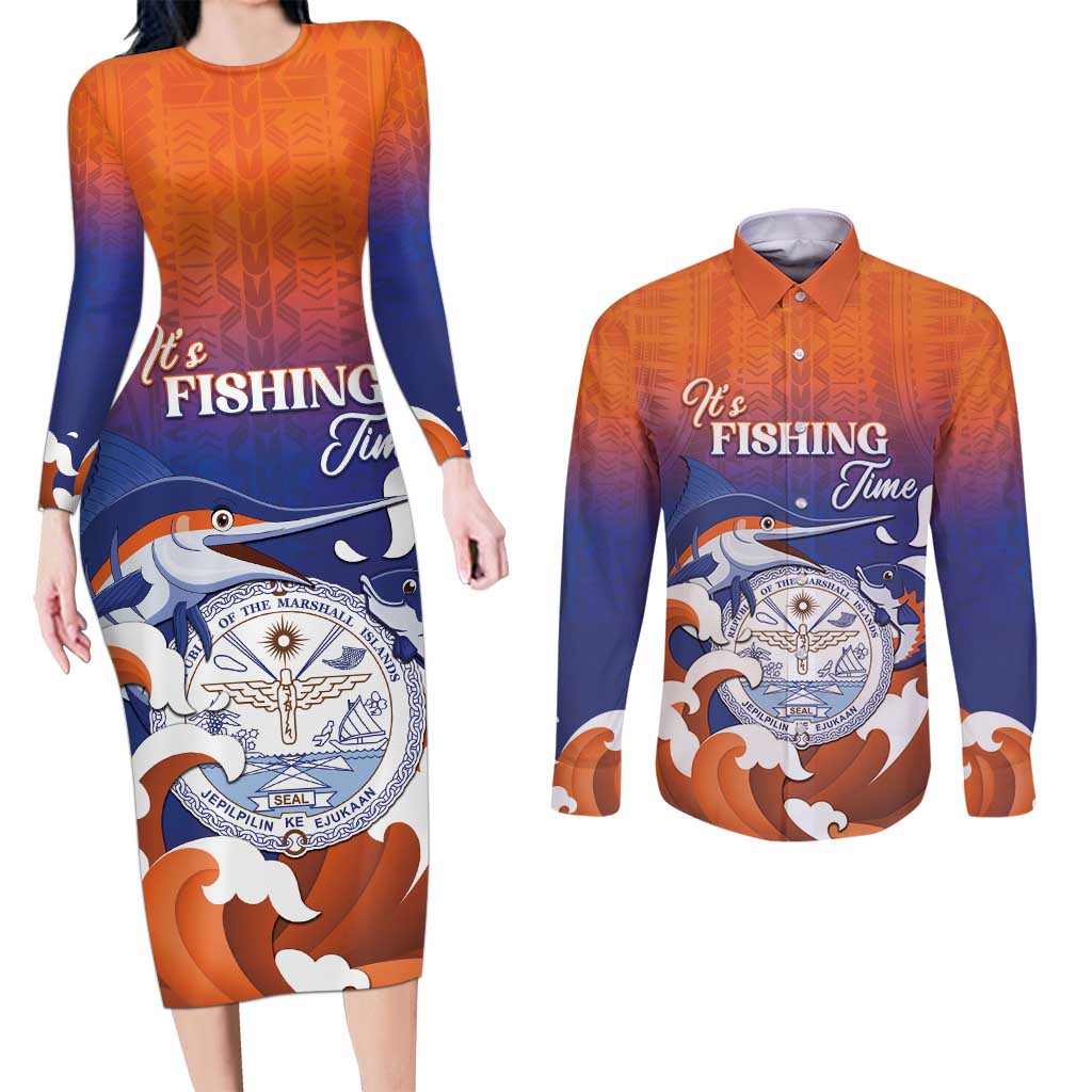 Marshall Islands Fishermen's Day Couples Matching Long Sleeve Bodycon Dress and Long Sleeve Button Shirt It's Fishing Time