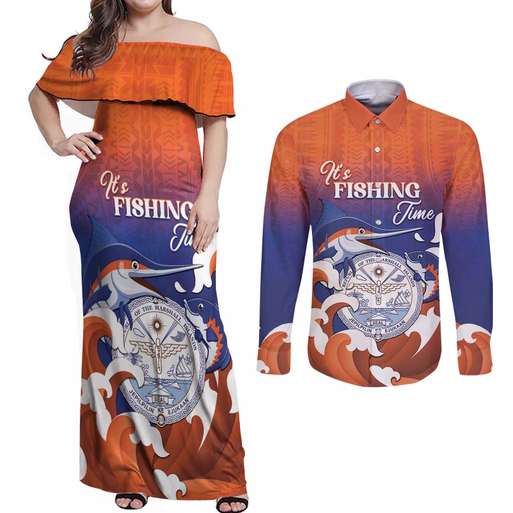 Marshall Islands Fishermen's Day Couples Matching Off Shoulder Maxi Dress and Long Sleeve Button Shirt It's Fishing Time
