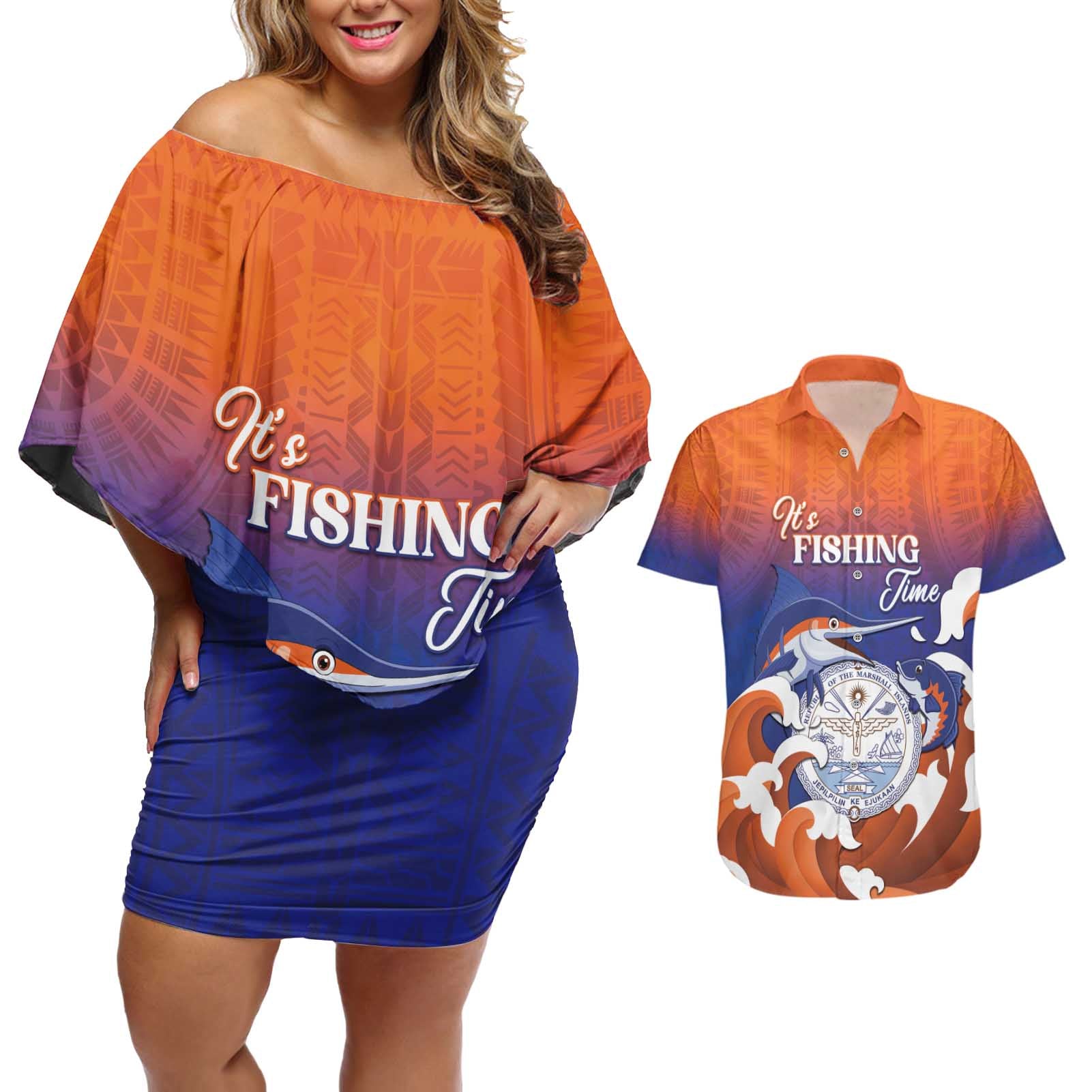 Marshall Islands Fishermen's Day Couples Matching Off Shoulder Short Dress and Hawaiian Shirt It's Fishing Time