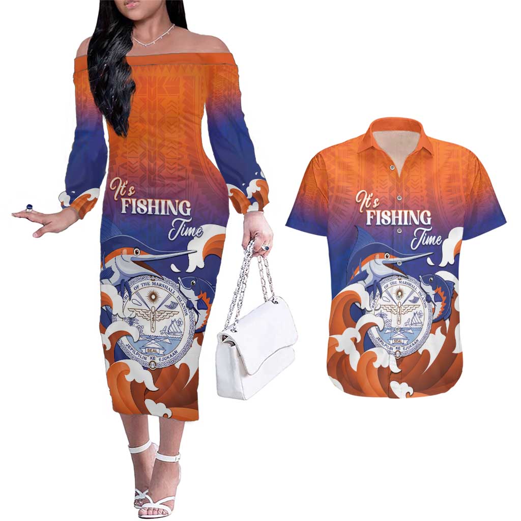 Marshall Islands Fishermen's Day Couples Matching Off The Shoulder Long Sleeve Dress and Hawaiian Shirt It's Fishing Time