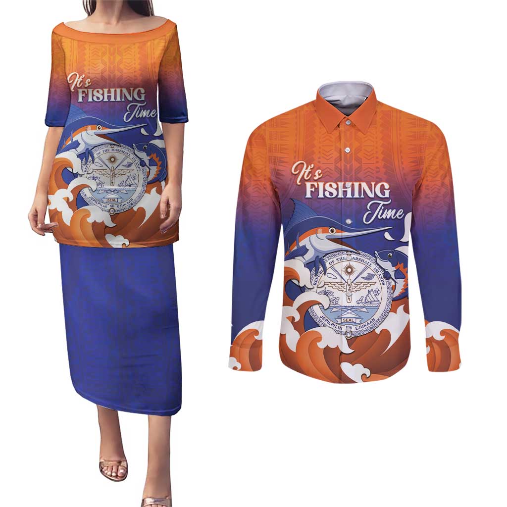 Marshall Islands Fishermen's Day Couples Matching Puletasi and Long Sleeve Button Shirt It's Fishing Time